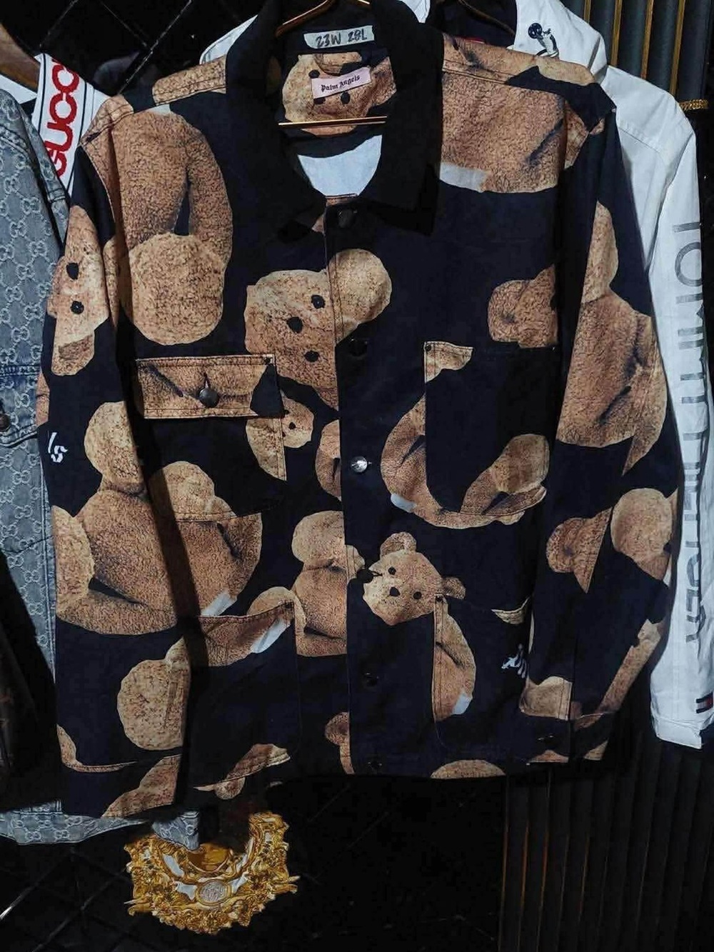Palm Angels Black Shirt Jacket with Brown Teddy Bear Print Unisex can fit s-m-l